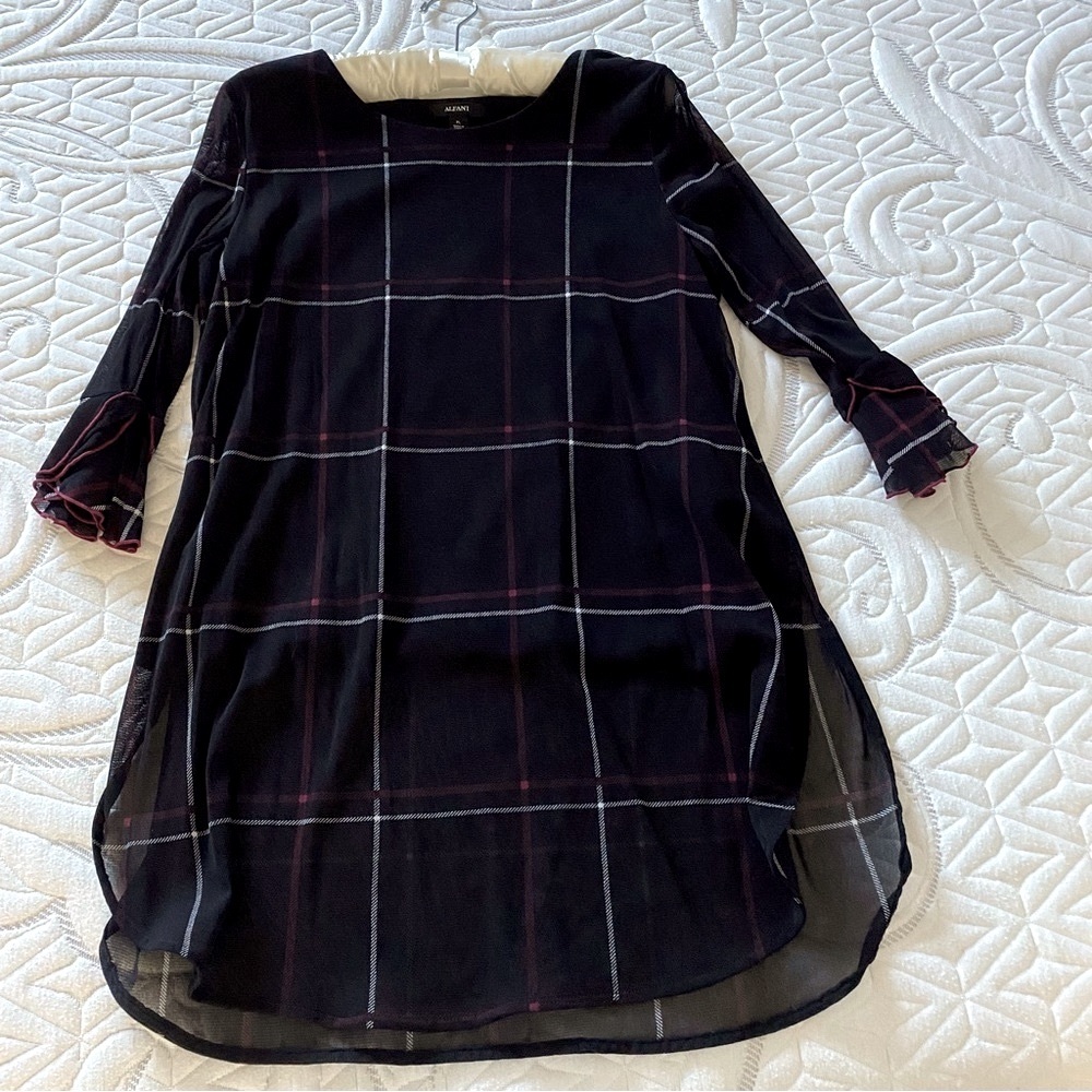 Alfani Tunic Top Blouse Black, Dark Pink and White Plaid Size Petite Large